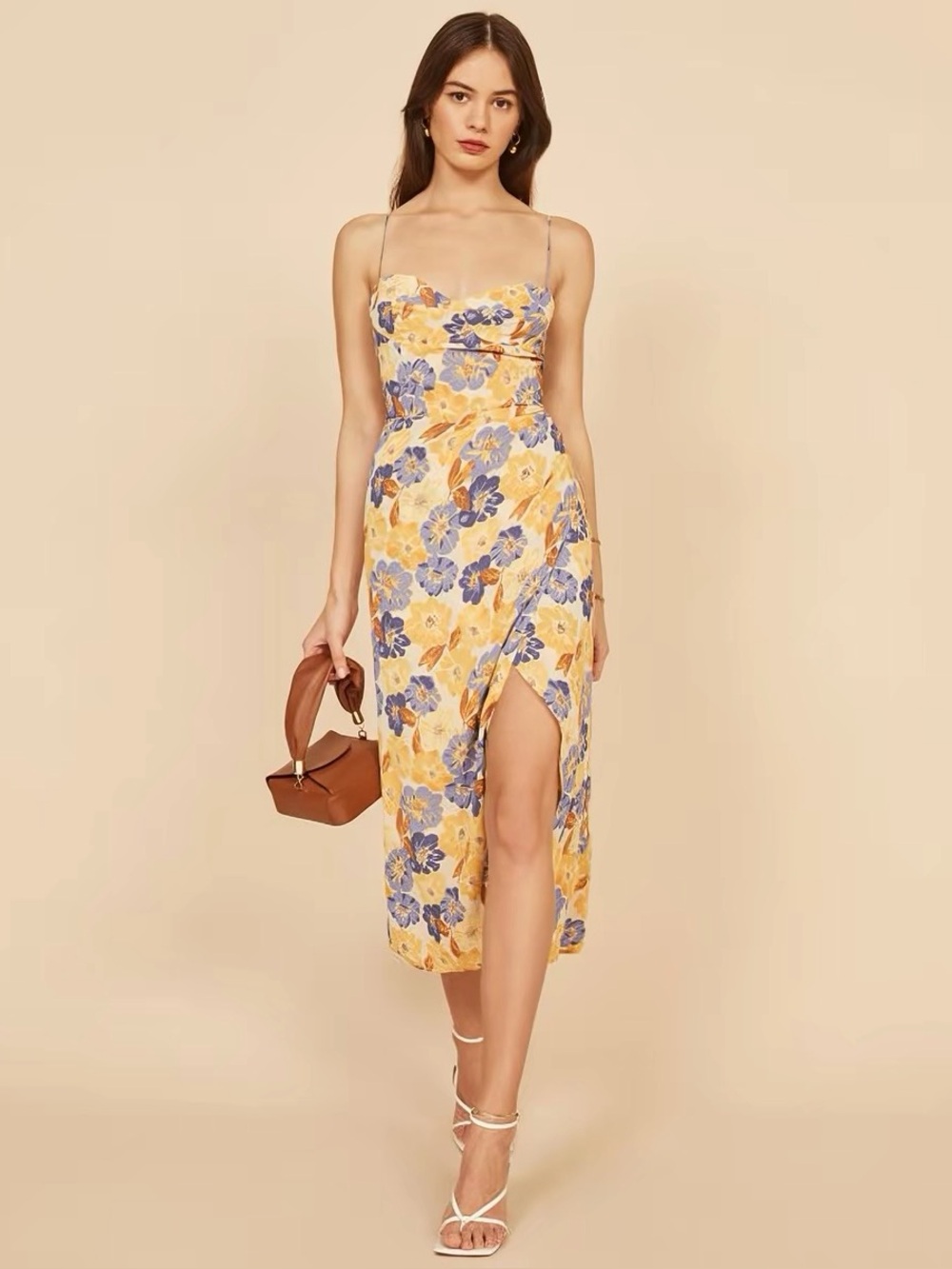 Floral Tie-Shoulder Midi Dress in Yellow & Blue